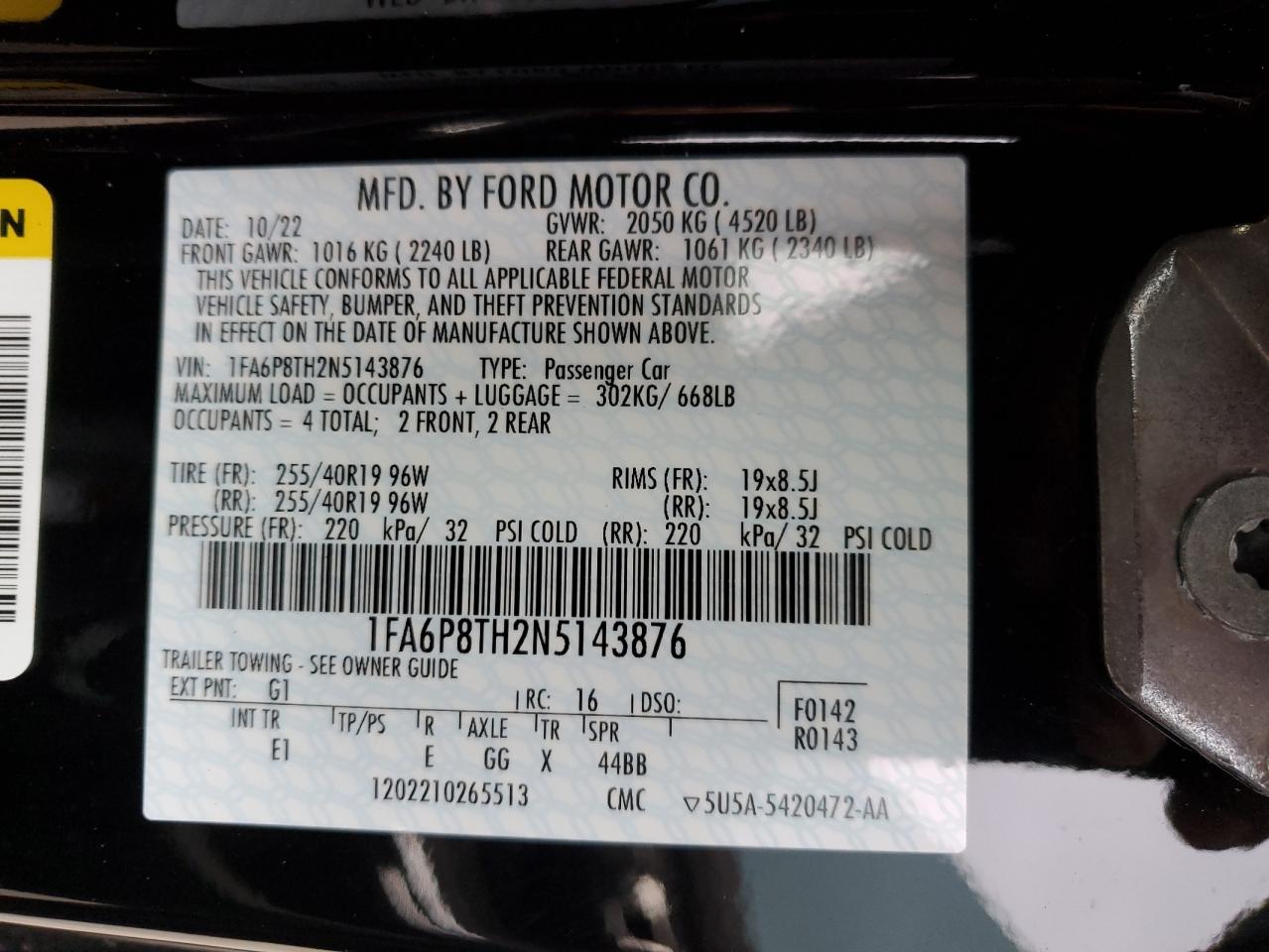 2022 FORD MUSTANG  VIN:JT3HN87R9V0105851