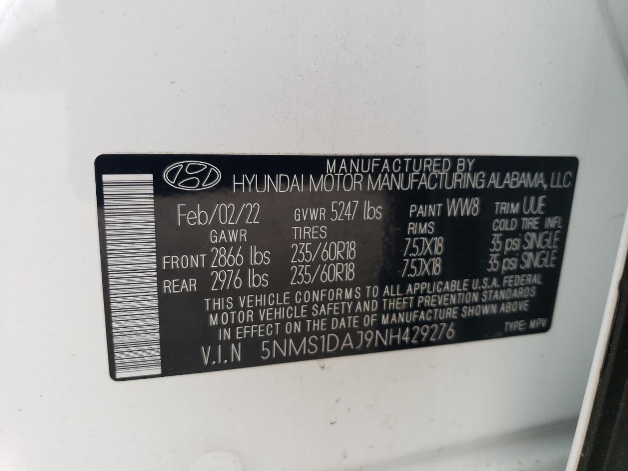 2022 HYUNDAI SANTA FE SE VIN:5NMS1DAJ9NH429276