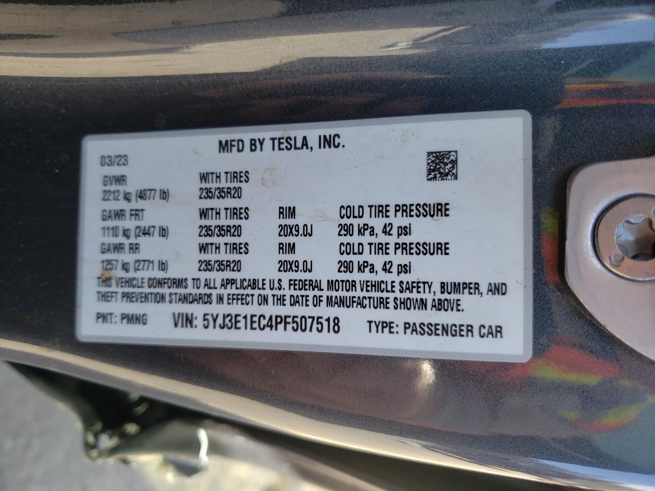2023 TESLA MODEL 3  VIN:5YJ3E1EC4PF507518