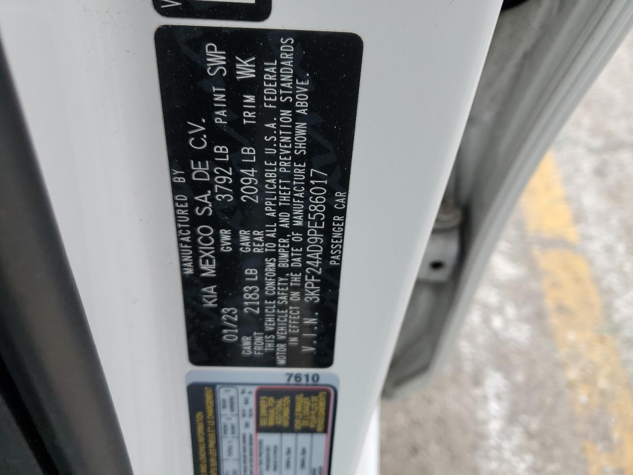 2023 KIA FORTE LX VIN:3KPF24AD9PE586017