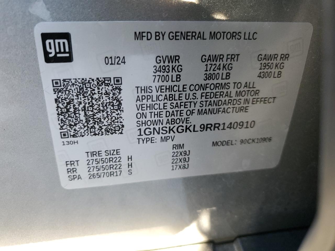 2024 CHEVROLET SUBURBAN K1500 HIGH COUNTRY VIN:1GNSKGKL9RR140910