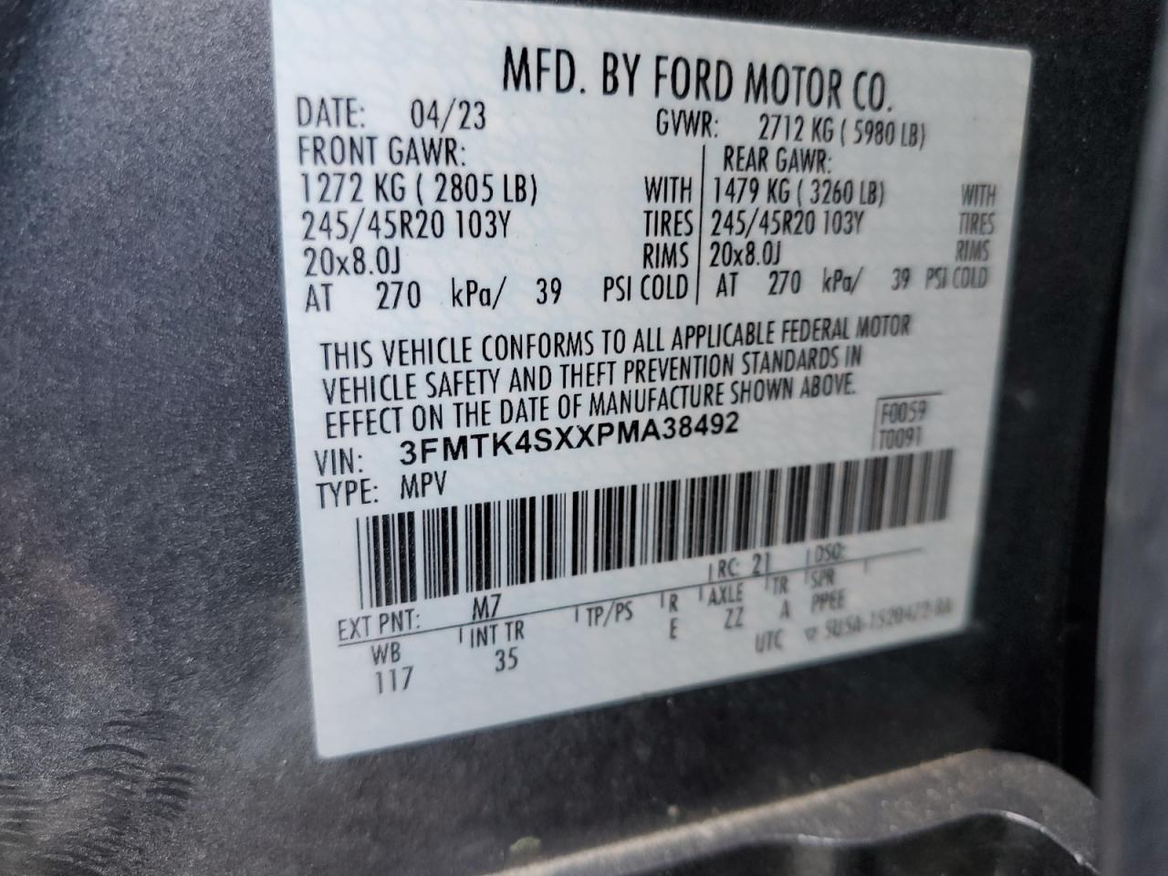 2023 FORD MUSTANG MACH-E GT VIN:3FMTK4SXXPMA38492