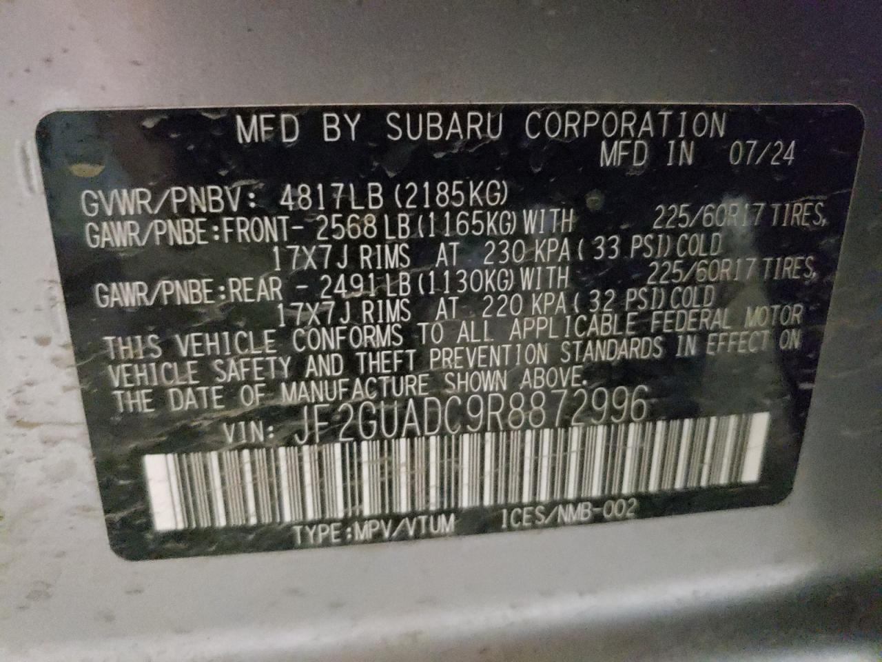 2024 SUBARU CROSSTREK PREMIUM VIN:JF2GUADC9R8872996