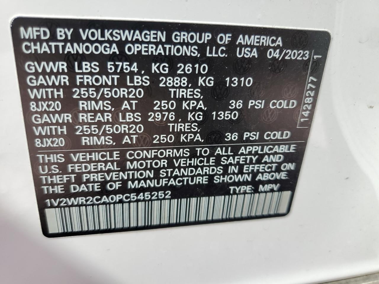 2023 VOLKSWAGEN ATLAS SE VIN:1V2WR2CA0PC545252