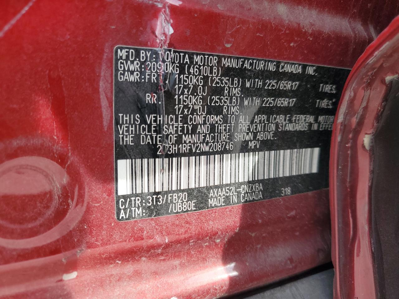 2022 TOYOTA RAV4 LE VIN:2T3H1RFV2NW208746