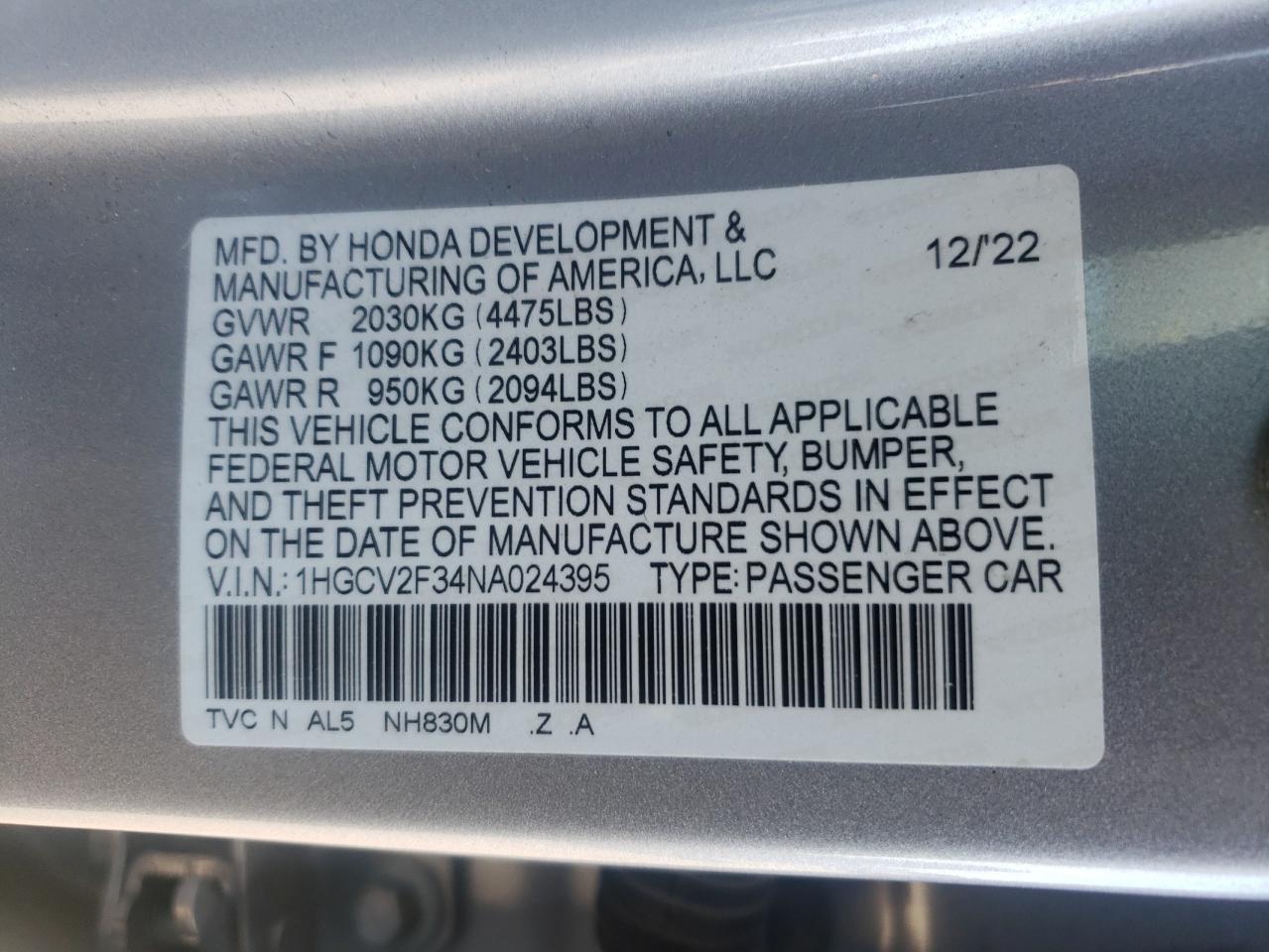 2022 HONDA ACCORD SPORT VIN:1HGCV2F34NA024395