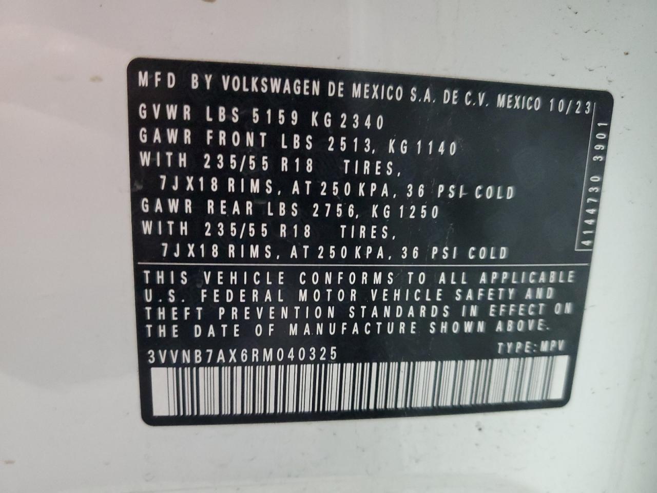 2024 VOLKSWAGEN TIGUAN SE VIN:3VVNB7AX6RM040325