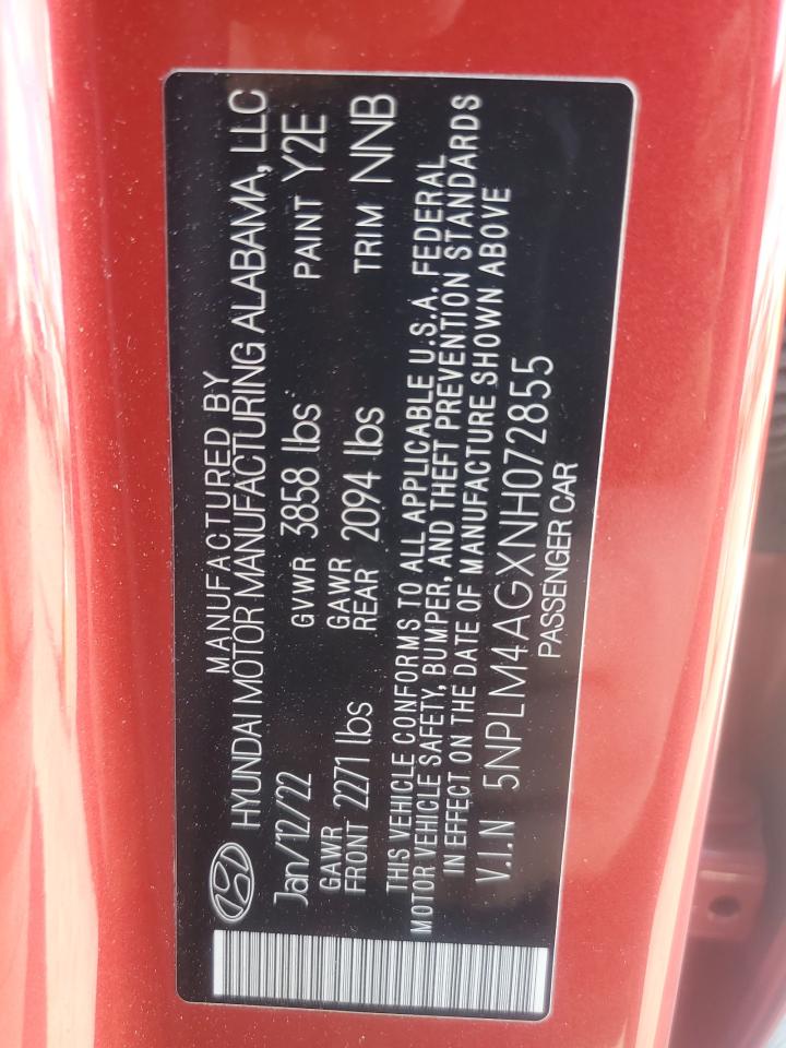2022 HYUNDAI ELANTRA SEL VIN:5NPLM4AGXNH072855