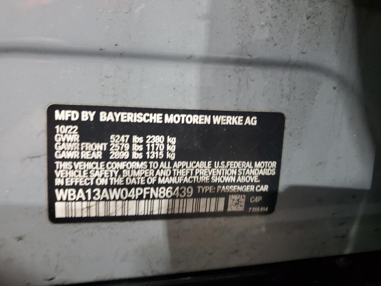 2023 BMW M440XI GRAN COUPE VIN:WBA13AW04PFN86439