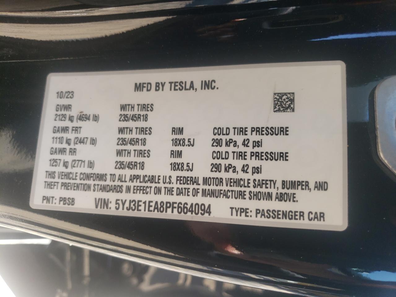 2023 TESLA MODEL 3  VIN:5YJ3E1EA8PF664094