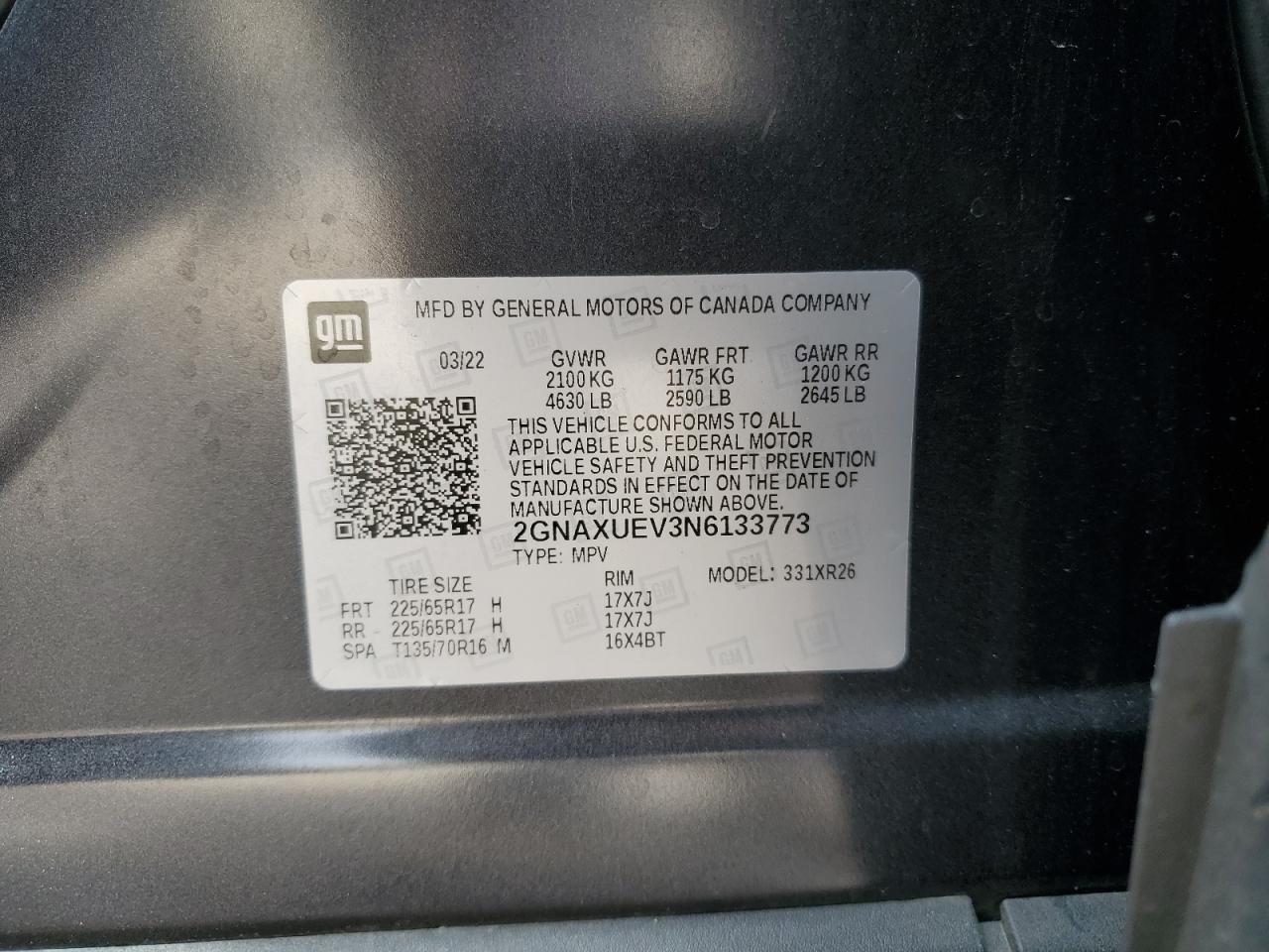 2022 CHEVROLET EQUINOX LT VIN:2GNAXUEV3N6133773