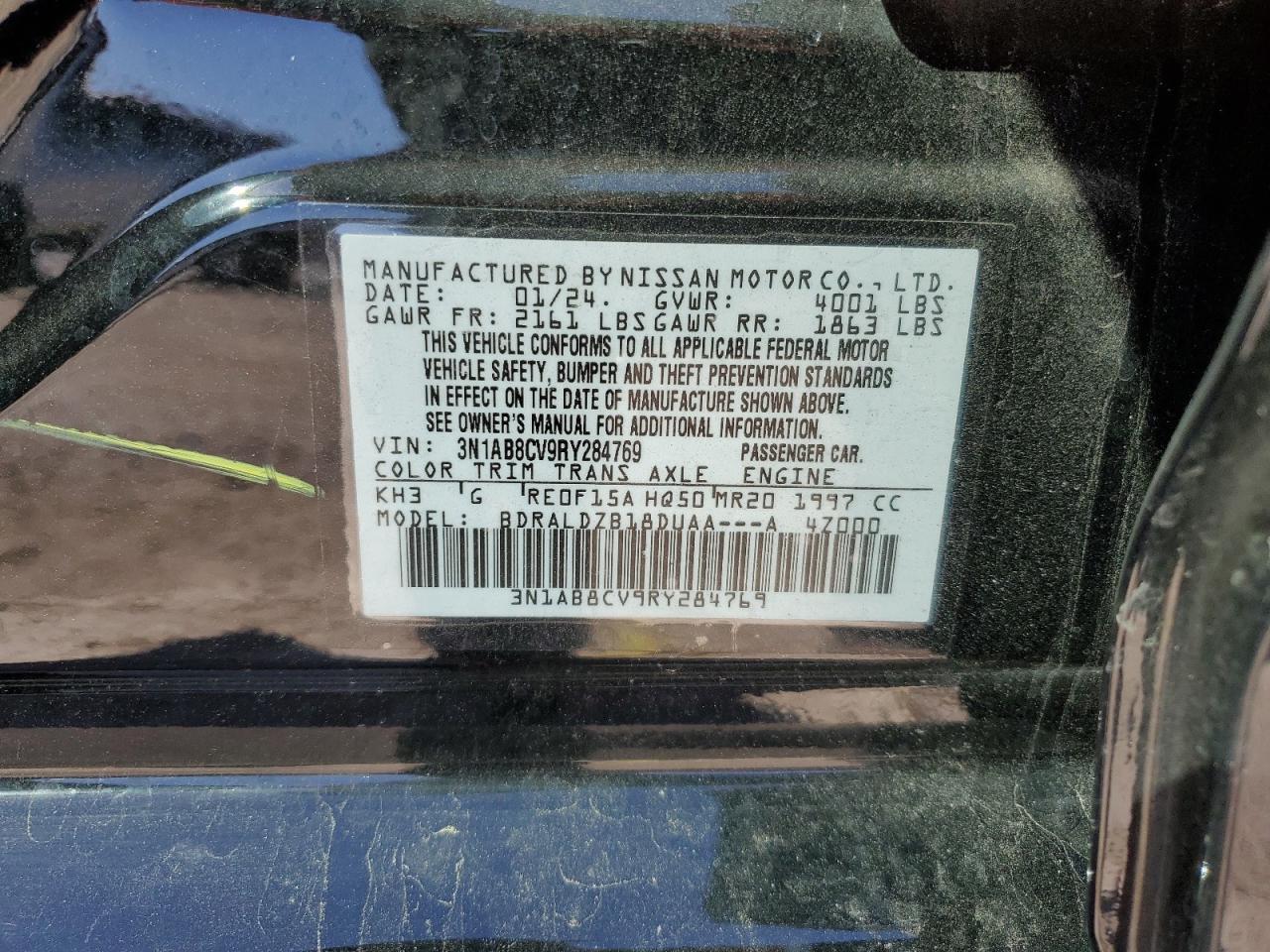 2024 NISSAN SENTRA SV VIN:3N1AB8CV9RY284769