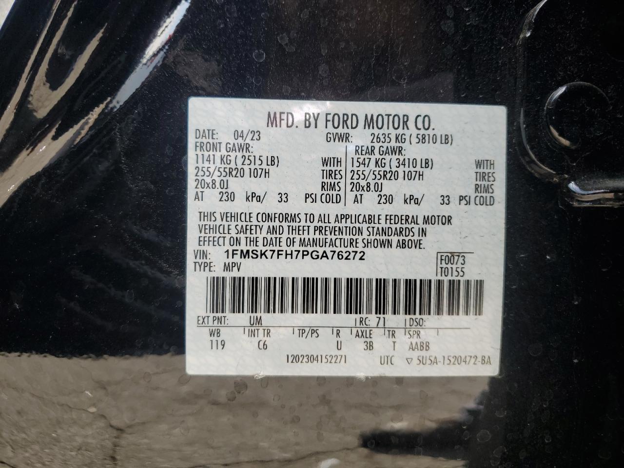 2023 FORD EXPLORER LIMITED VIN:1FMSK7FH7PGA76272