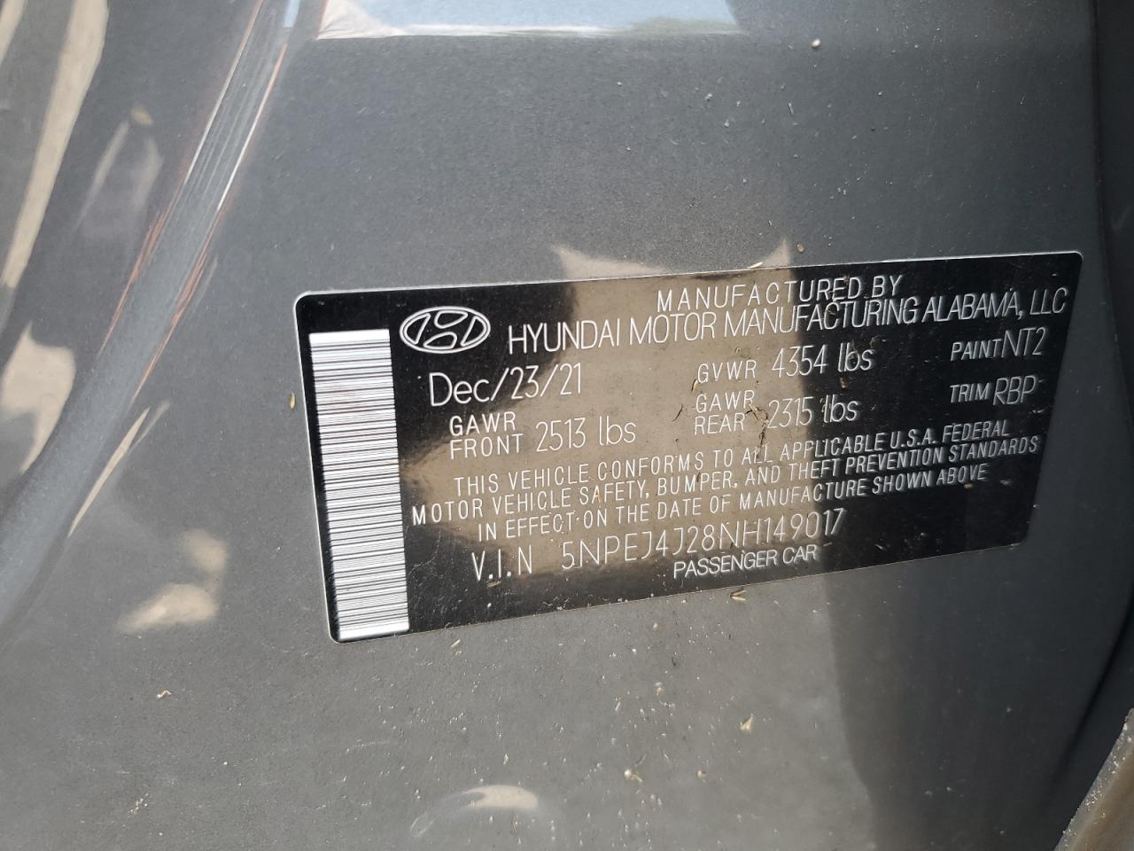 2022 HYUNDAI SONATA SEL PLUS VIN:5NPEJ4J28NH149017