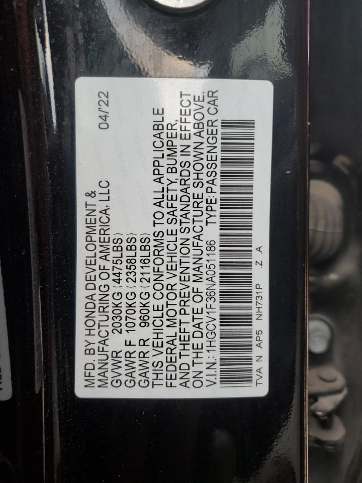 2022 HONDA ACCORD SPORT VIN:1HGCV1F36NA051186