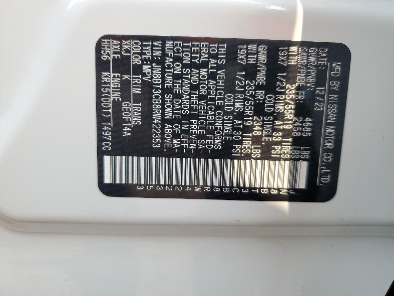 2024 NISSAN ROGUE SL VIN:JN8BT3CB8RW422353