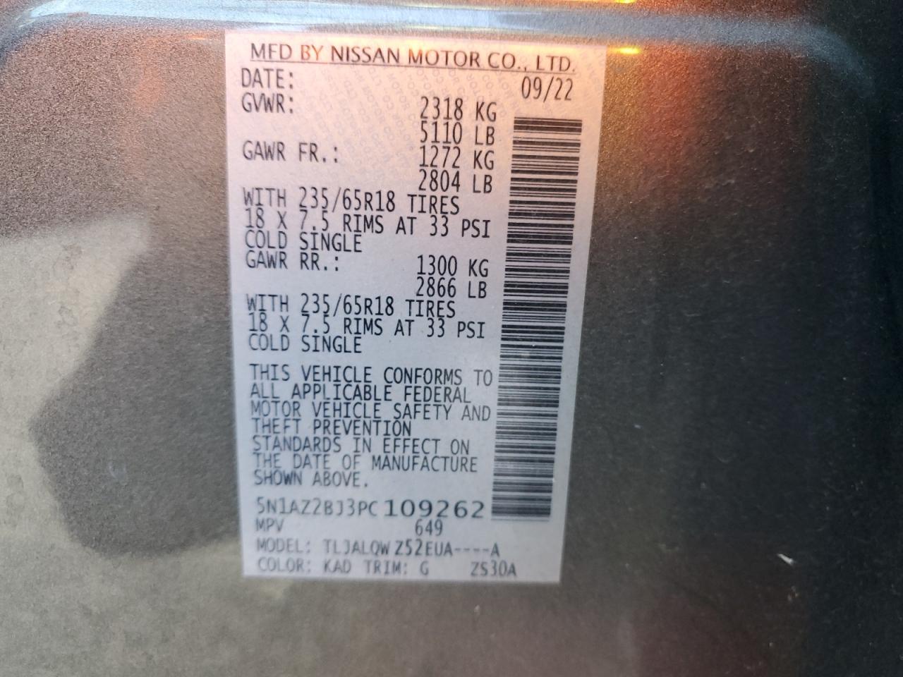 2023 NISSAN MURANO SV VIN:5N1AZ2BJ3PC109262