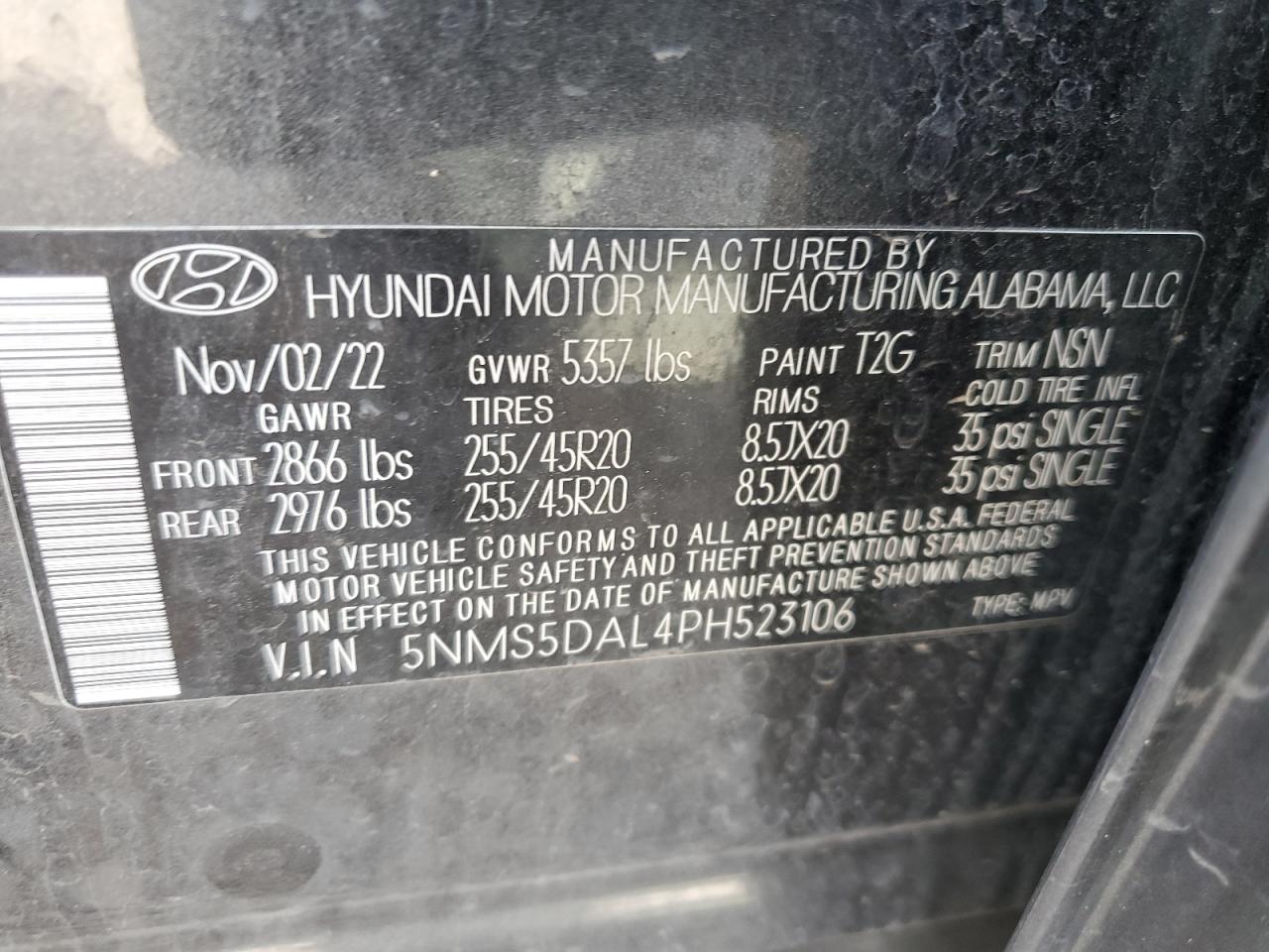 2023 HYUNDAI SANTA FE CALLIGRAPHY VIN:5NMS5DAL4PH523106