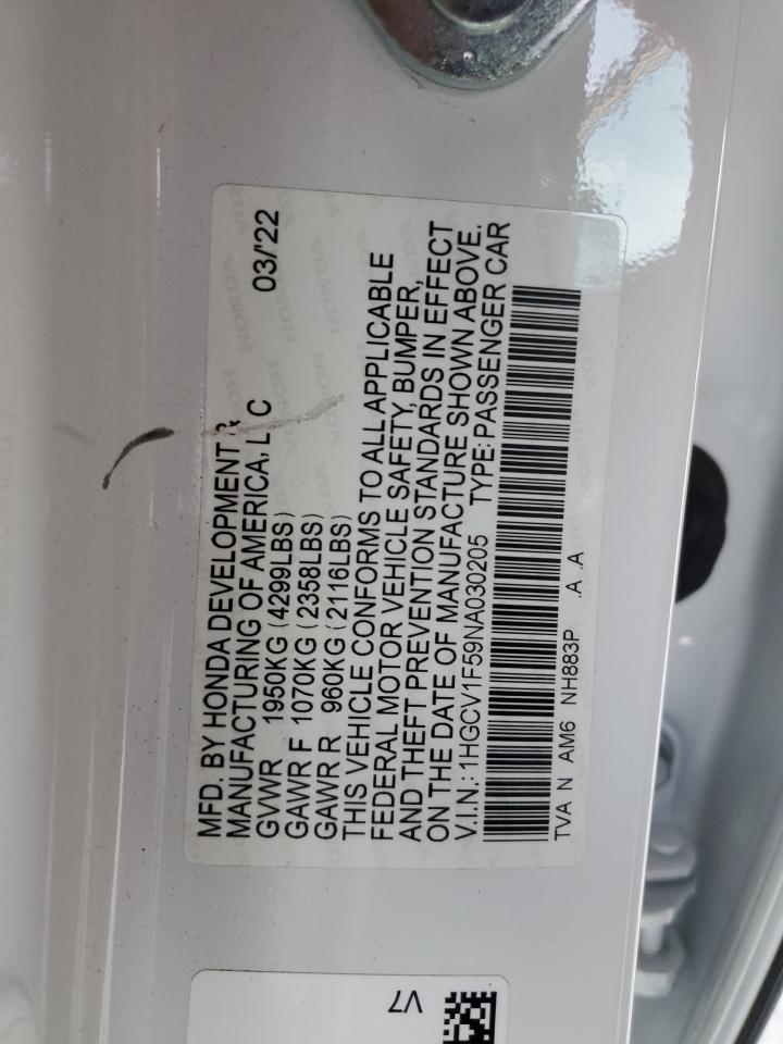 2022 HONDA ACCORD EXL VIN:1HGCV1F59NA030205