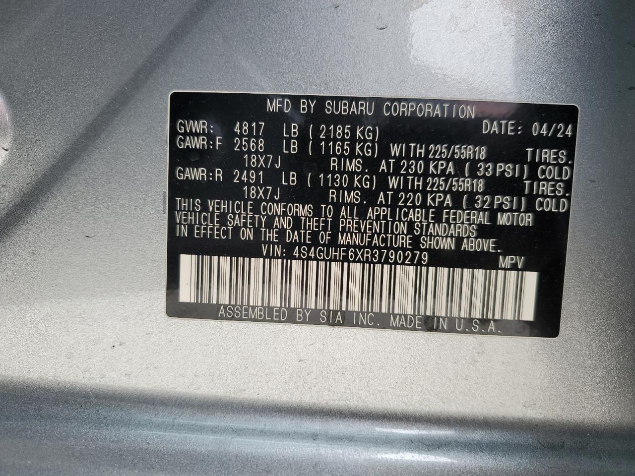 2024 SUBARU CROSSTREK SPORT VIN:4S4GUHF6XR3790279