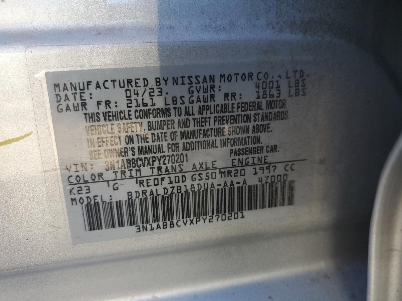 2023 NISSAN SENTRA SV VIN:3N1AB8CVXPY270201