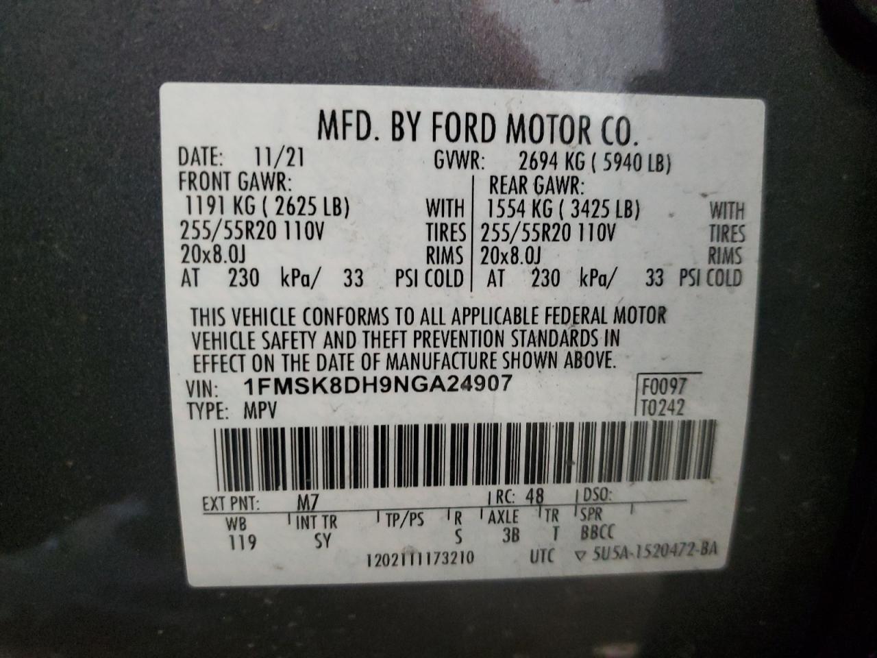2022 FORD EXPLORER XLT VIN:1FMSK8DH9NGA24907