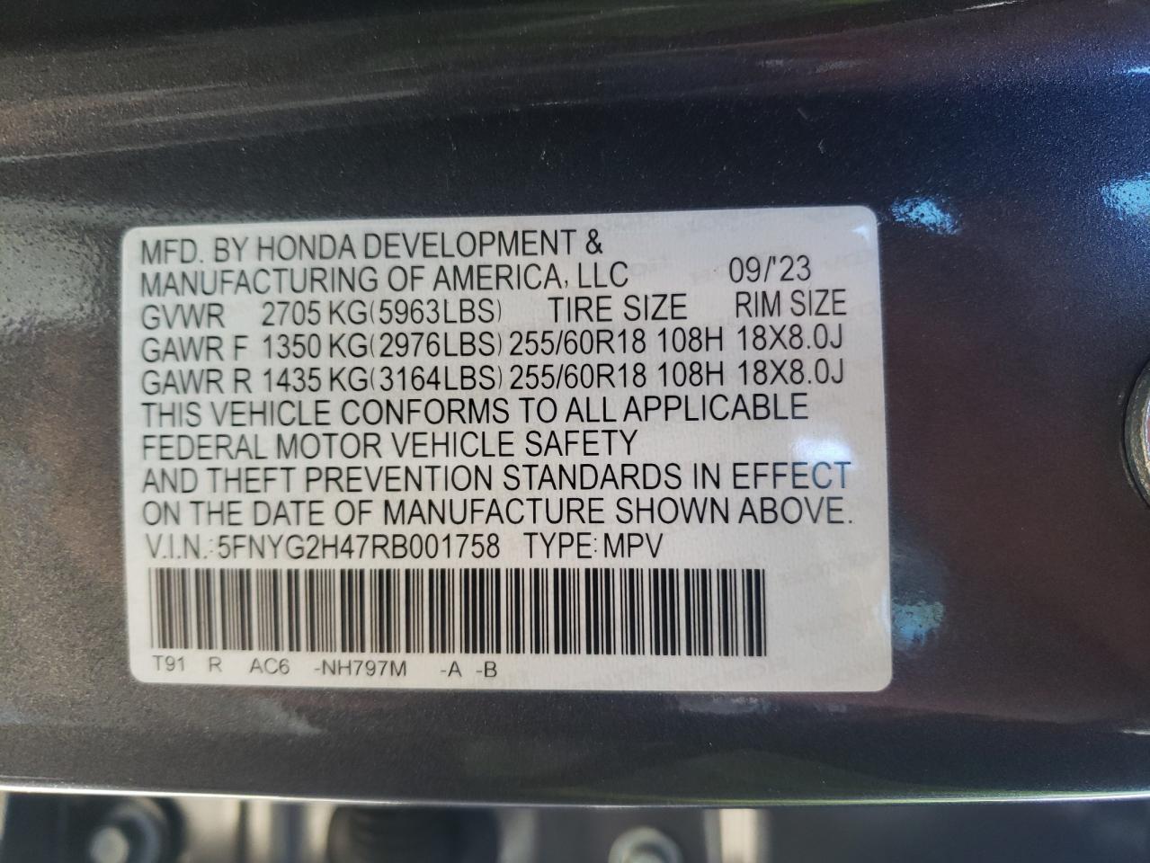 2024 HONDA PILOT EXL VIN:5FNYG2H47RB001758