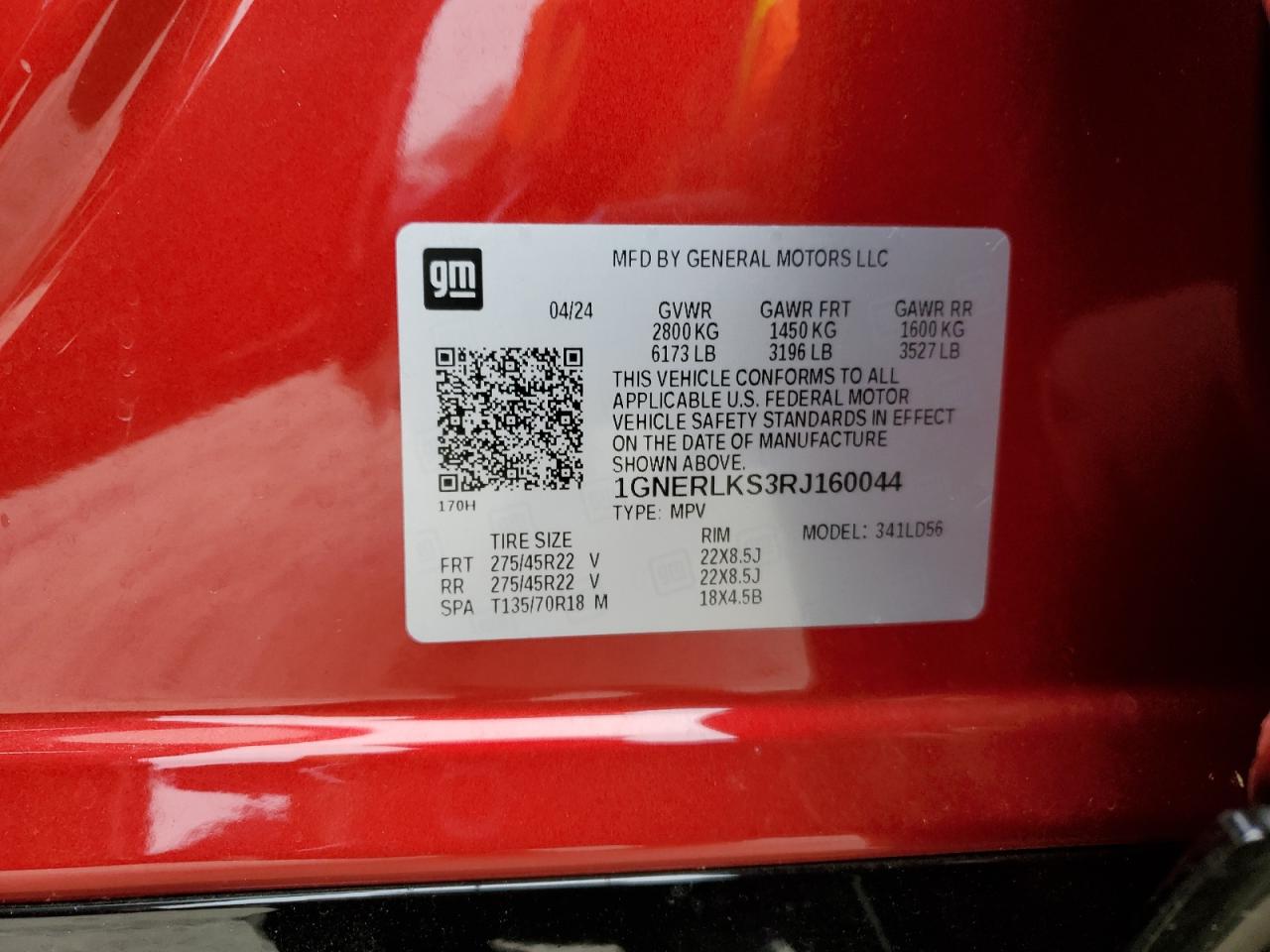 2024 CHEVROLET TRAVERSE RS VIN:1GNERLKS3RJ160044