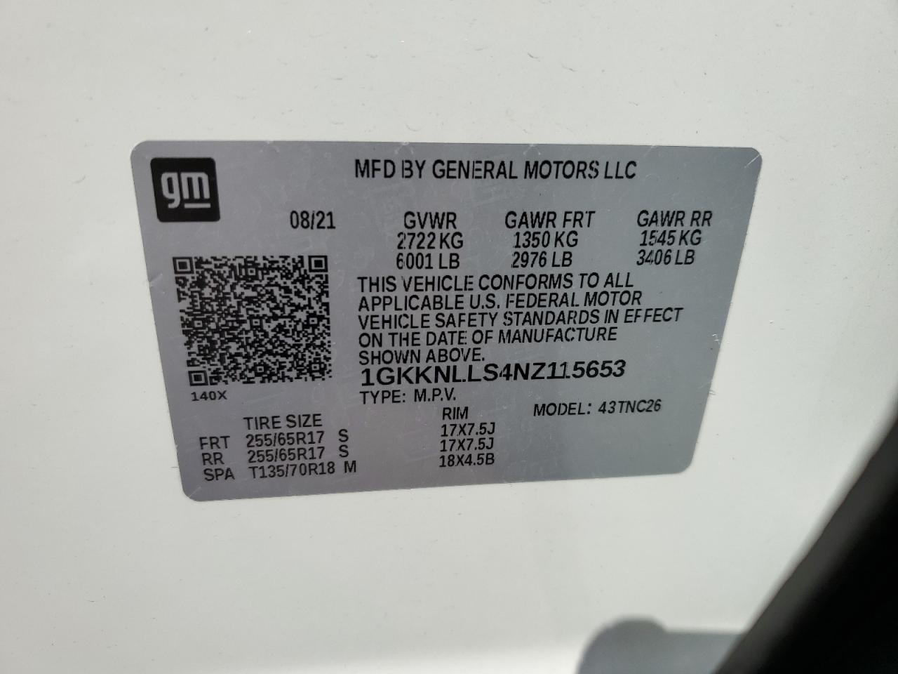 2022 GMC ACADIA AT4 VIN:1GKKNLLS4NZ115653