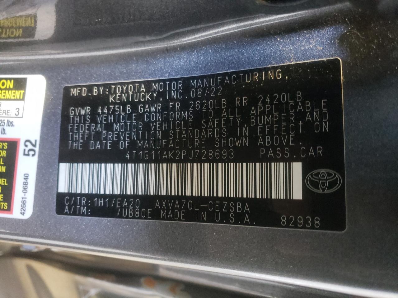 2023 TOYOTA CAMRY SE NIGHT SHADE VIN:4T1G11AK2PU728693