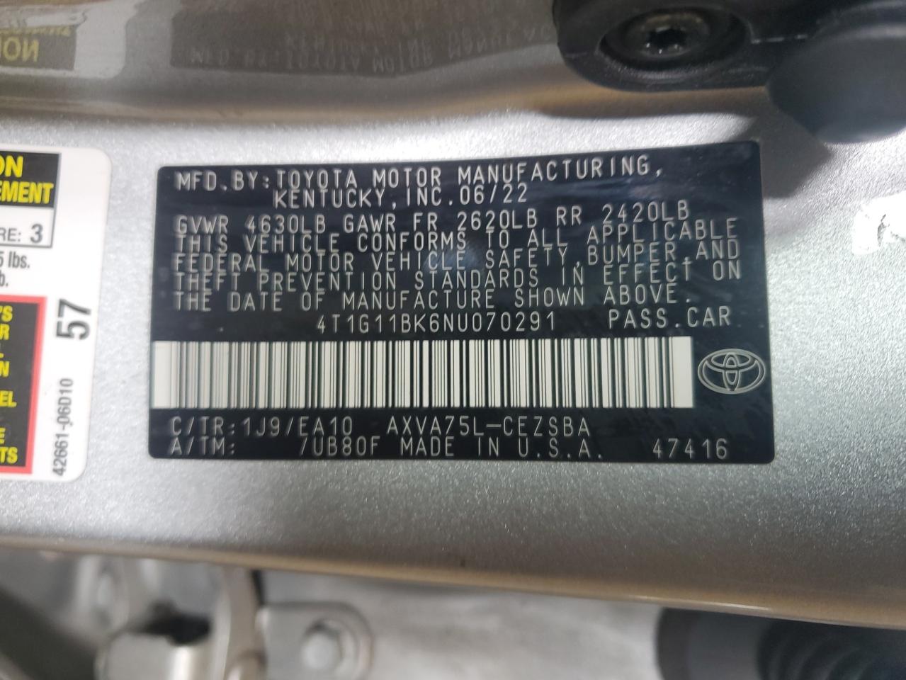 2022 TOYOTA CAMRY SE VIN:4T1G11BK6NU070291