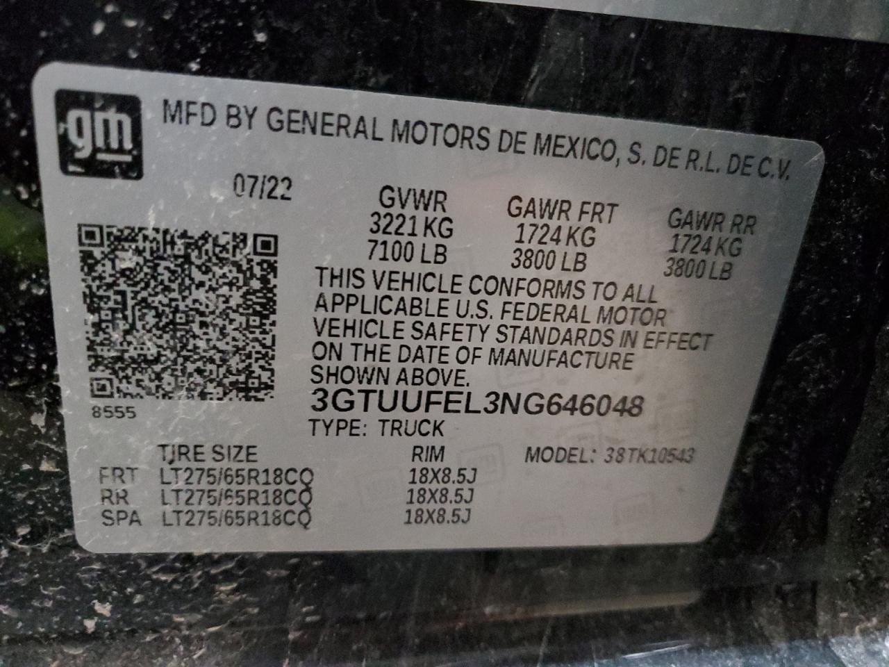 2022 GMC SIERRA K1500 AT4X VIN:3GTUUFEL3NG646048