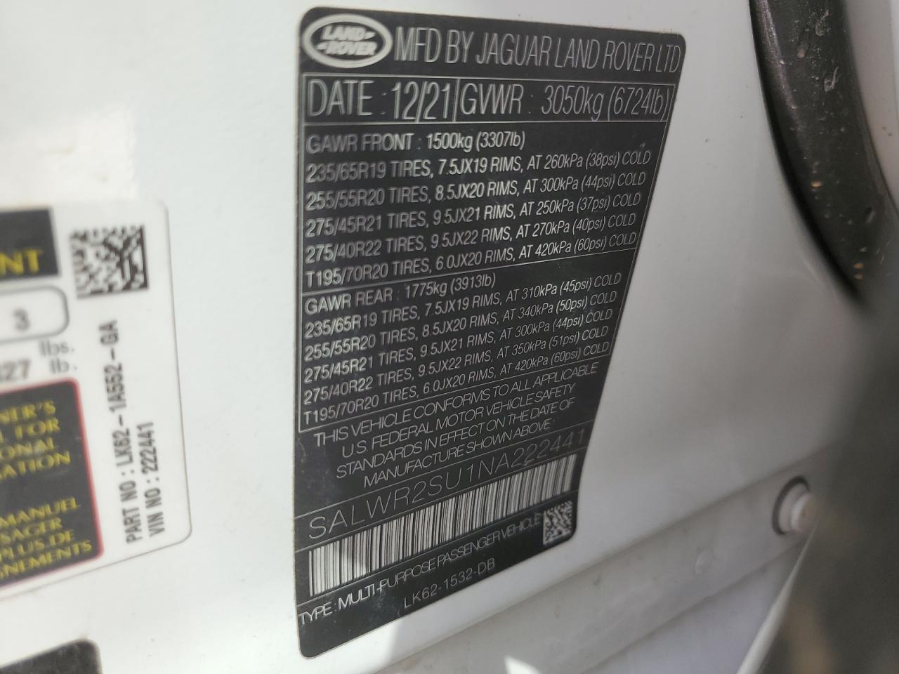 2022 LAND ROVER RANGE ROVER SPORT HSE SILVER EDITION VIN:SALWR2SU1NA222441