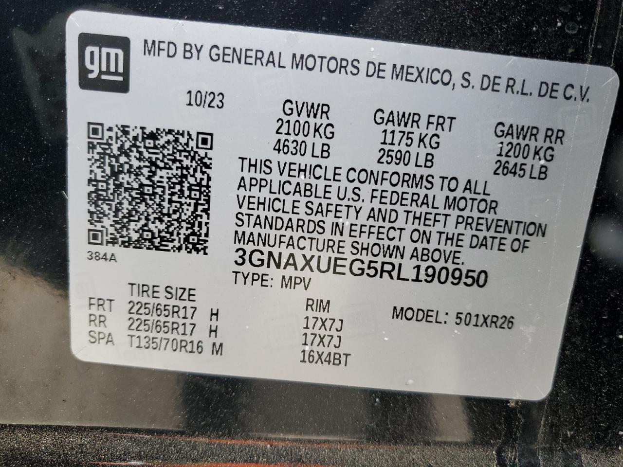 2024 CHEVROLET EQUINOX LT VIN:3GNAXUEG5RL190950