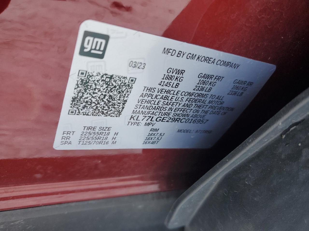 2024 CHEVROLET TRAX 1RS VIN:KL77LGE29RC016957