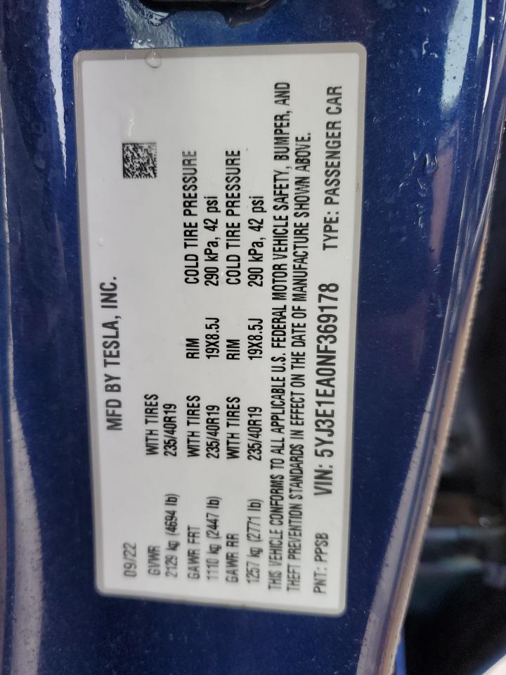 2022 TESLA MODEL 3  VIN:5YJ3E1EA0NF369178