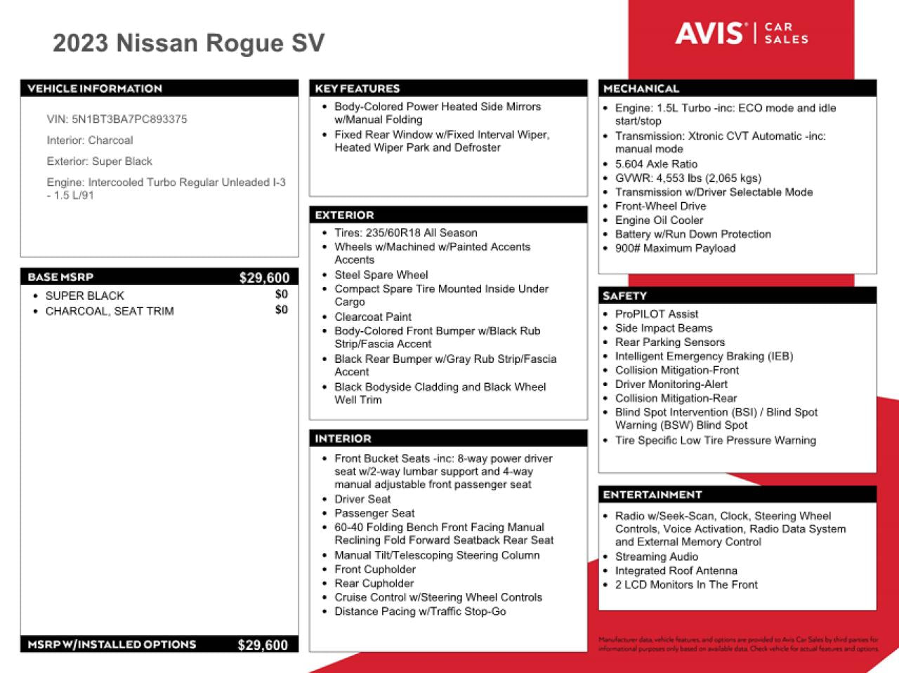 2023 NISSAN ROGUE SV VIN:5N1BT3BA7PC893375