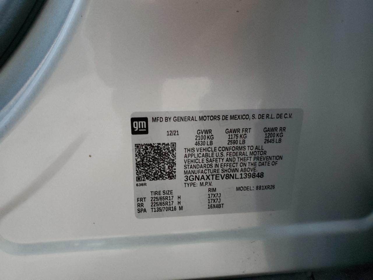 2022 CHEVROLET EQUINOX LT VIN:3GNAXTEV8NL139848