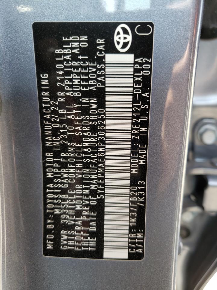 2022 TOYOTA COROLLA LE VIN:5YFEPMAE6NP306250