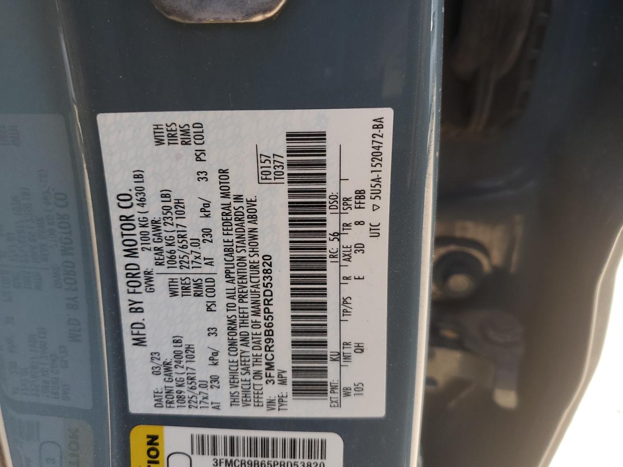 2023 FORD BRONCO SPORT BIG BEND VIN:3FMCR9B65PRD53820
