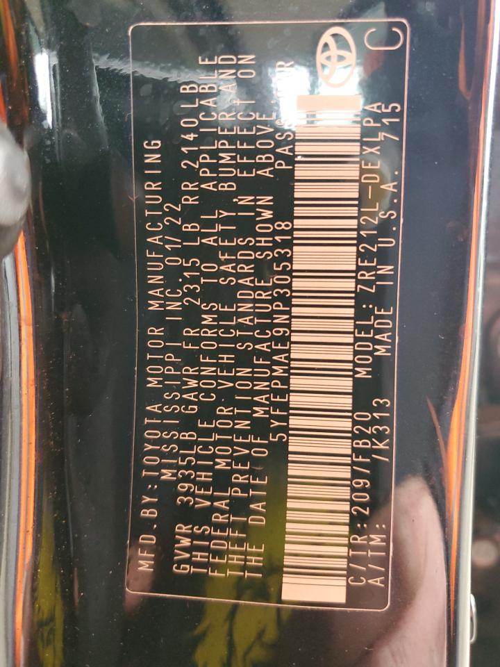 2022 TOYOTA COROLLA LE VIN:5YFEPMAE9NP305318