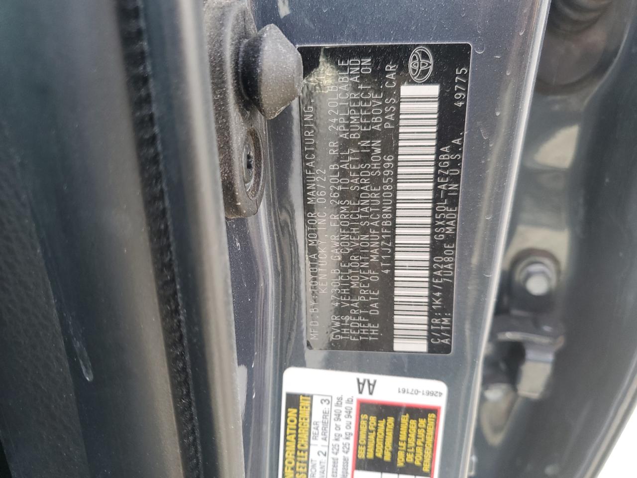 2022 TOYOTA AVALON XLE VIN:4T1JZ1FB8NU085996