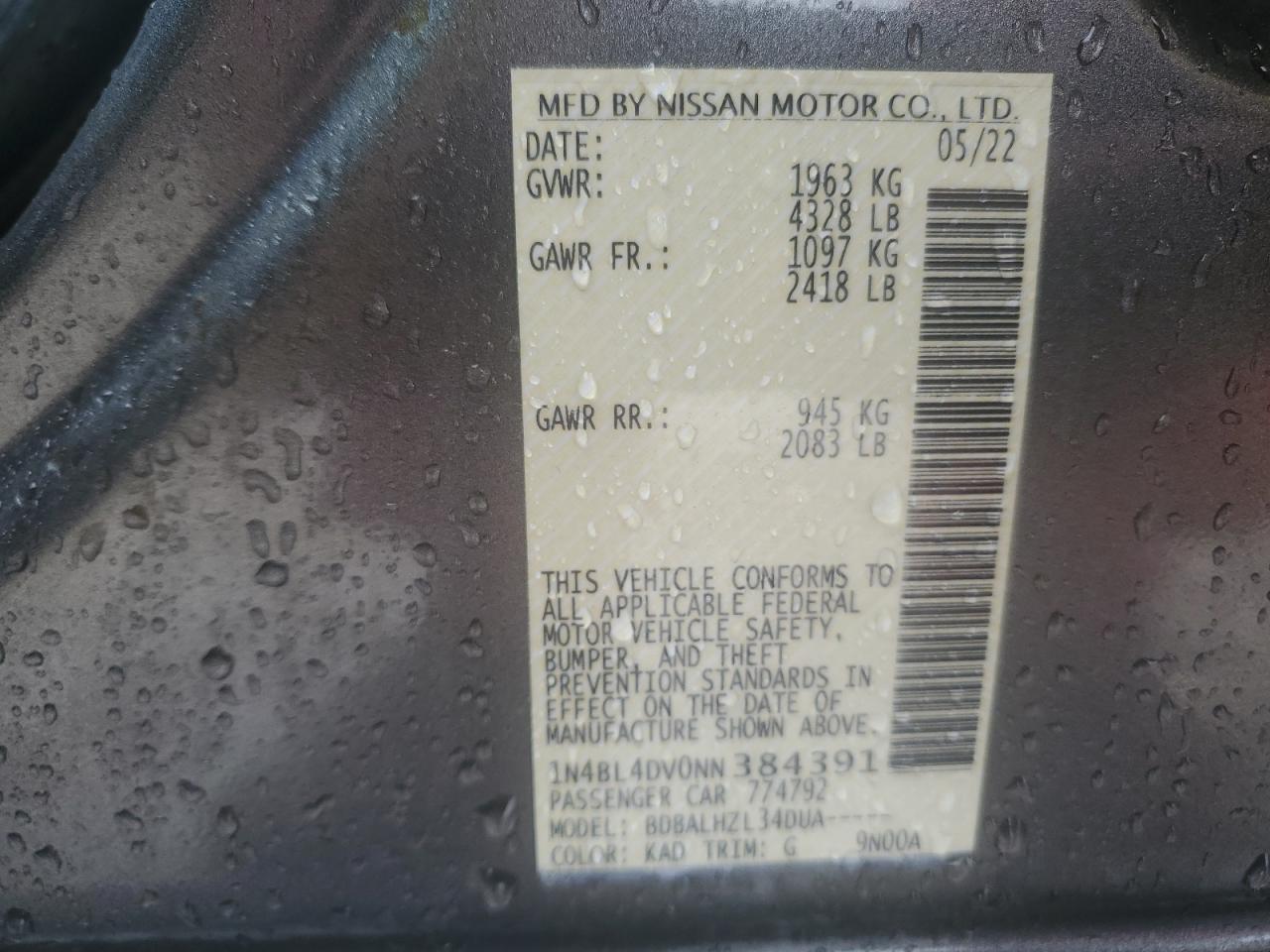 2022 NISSAN ALTIMA SV VIN:1N4BL4DV0NN384391