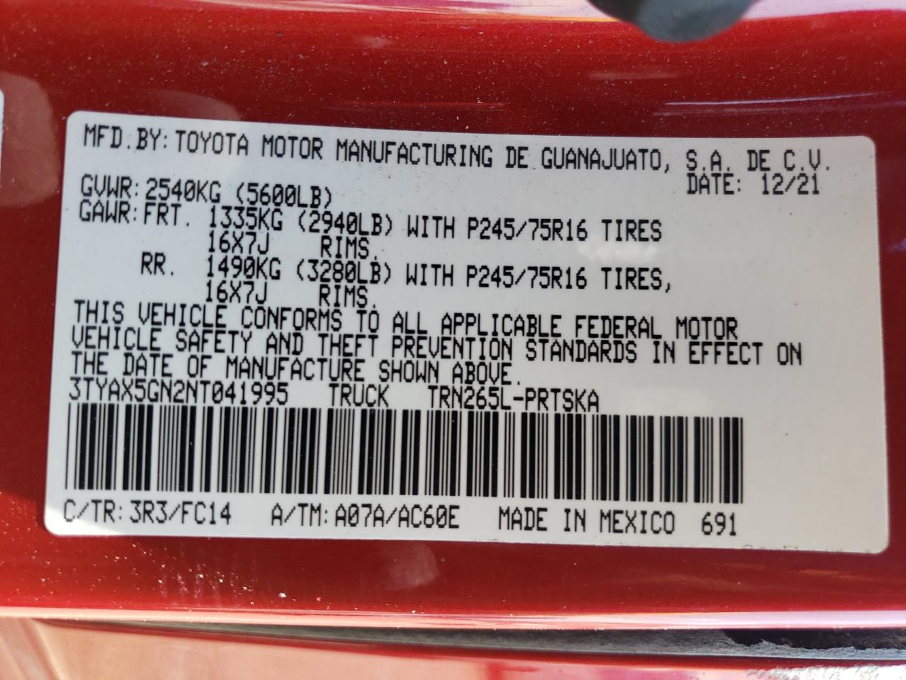 2022 TOYOTA TACOMA DOUBLE CAB VIN:3TYAX5GN2NT041995