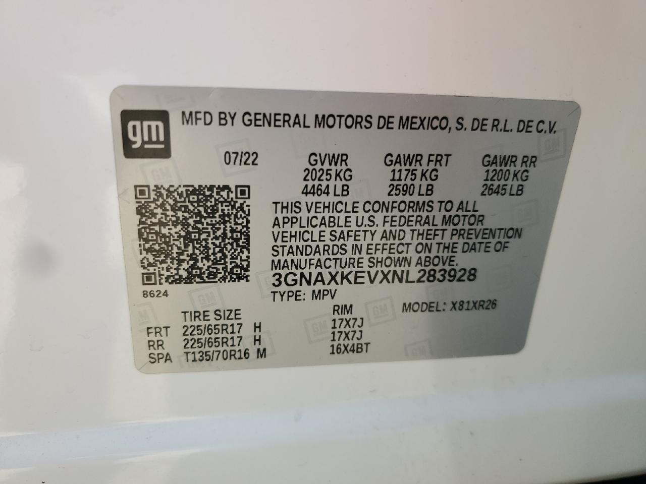 2022 CHEVROLET EQUINOX LT VIN:3GNAXKEVXNL283928