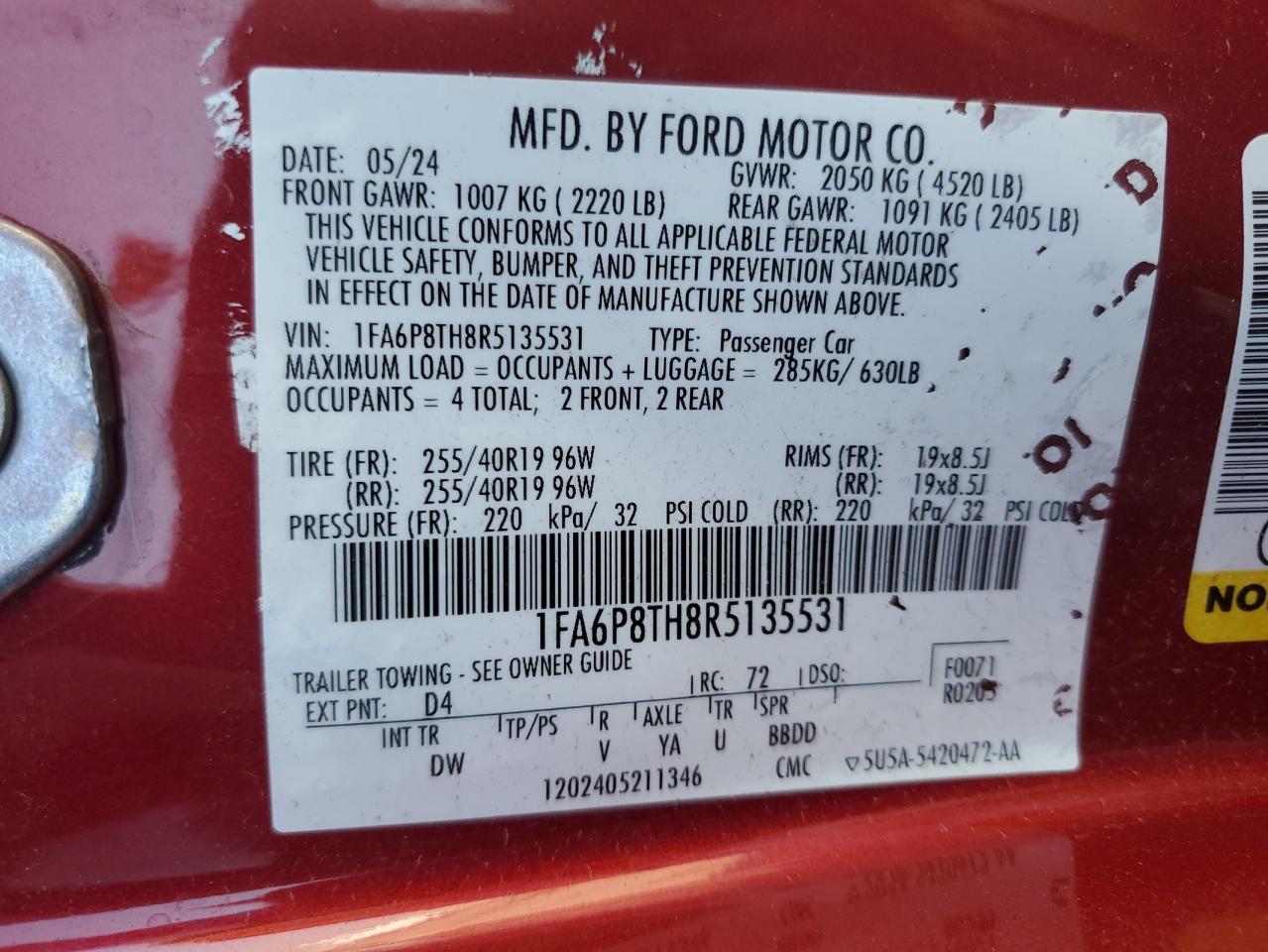 2024 FORD MUSTANG  VIN:1FA6P8TH8R5135531