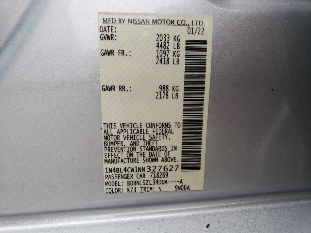 2022 NISSAN ALTIMA SR VIN:1N4BL4CW1NN327627