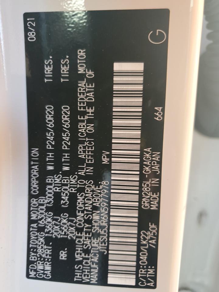 2022 TOYOTA 4RUNNER SR5 PREMIUM VIN:JTESU5JR6N5977978