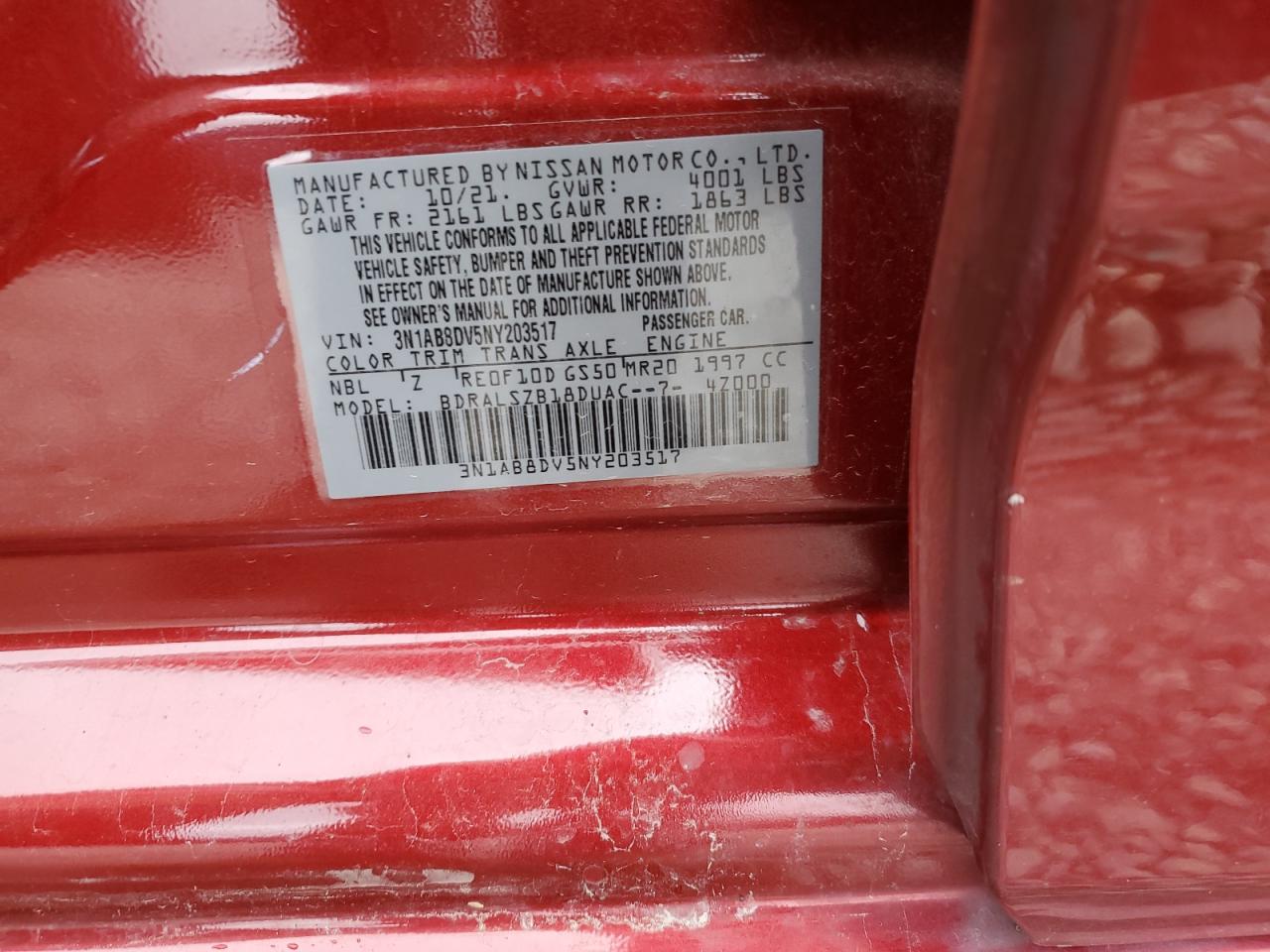 2022 NISSAN SENTRA SR VIN:3N1AB8DV5NY203517