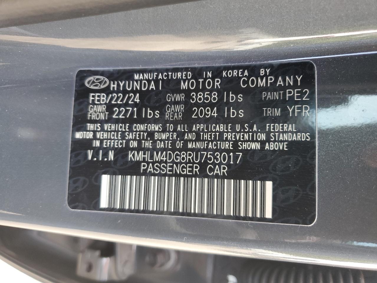 2024 HYUNDAI ELANTRA SEL VIN:KMHLM4DG8RU753017